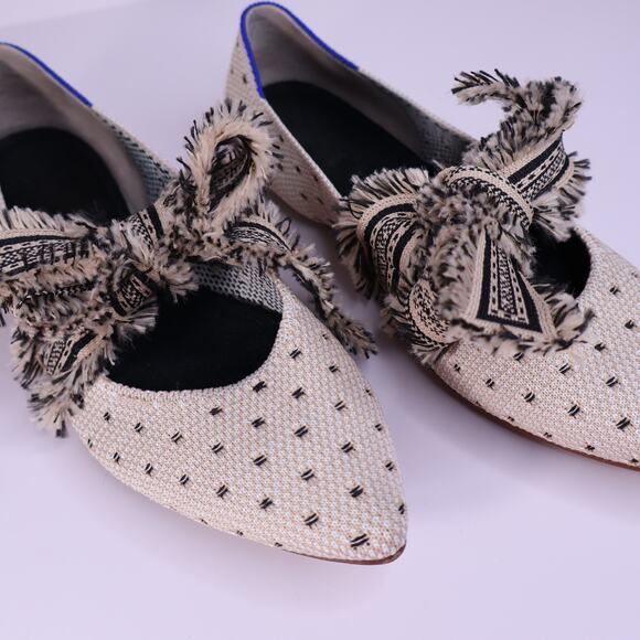 ROTHY'S Tuxedo Mary Janes Flats Tan Pointed Toe Fringed Bow Women's 8 - Picture 5 of 7